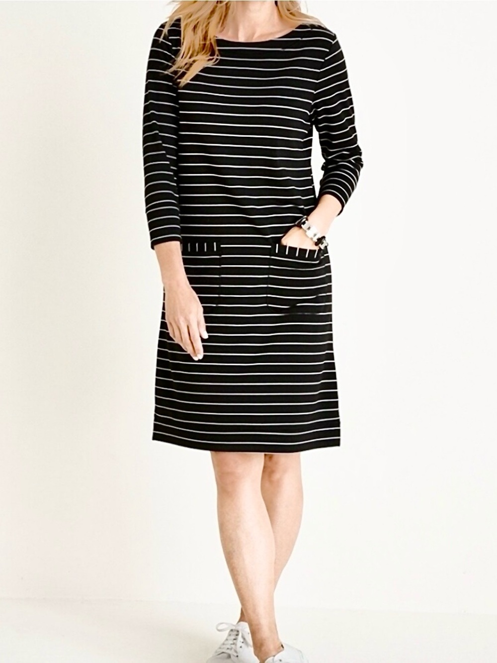 Chico's Women’s Black & White Striped 3/4 Sleeve Zenergy Dress Size 16/18 NWOT